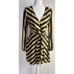 Express Womens Tie Waist V-Neck Faux Wrap Satin Striped Sz Small Dress